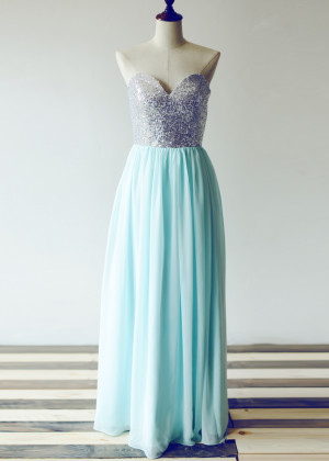 Silver Sequin Tiffany Blue Chiffon Elegant Prom Dress
